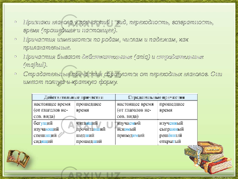 • Признаки глагола у причастий – вид, переходность, возвратность, время (прошедшее и настоящее). • Причастия изменяются по родам, числам и падежам, как прилагательные. • Причастия бывают действительные (aniq) и страдательные (majhul). • Страдательные причастия образуются от переходных глаголов. Они имеют полную и краткую форму. 