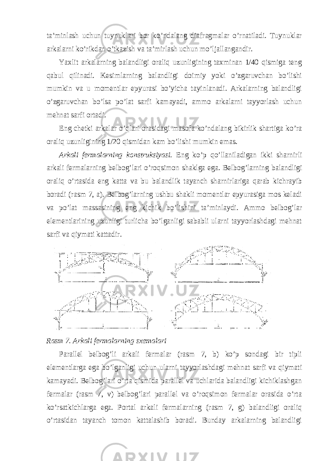 ta’minlash uchun tuynuklari bor ko’ndalang diafragmalar o’rnatiladi. Tuynuklar arkalarni ko’rikdan o’tkazish va ta’mirlash uchun mo’ljallangandir. Yaxlit arkalarning balandligi oraliq uzunligining taxminan 1/40 qismiga teng qabul qilinadi. Kesimlarning balandligi doimiy yoki o’zgaruvchan bo’lishi mumkin va u momentlar epyurasi bo’yicha tayinlanadi. Arkalarning balandligi o’zgaruvchan bo’lsa po’lat sarfi kamayadi, ammo arkalarni tayyorlash uchun mehnat sarfi ortadi. Eng chetki arkalar o’qlari orasidagi masofa ko’ndalang bikirlik shartiga ko’ra oraliq uzunligining 1/20 qismidan kam bo’lishi mumkin emas. Arkali fermalarning konstruksiyasi. Eng ko’p qo’llaniladigan ikki sharnirli arkali fermalarning belbog’lari o’roqsimon shaklga ega. Belbog’larning balandligi oraliq o’rtasida eng katta va bu balandlik tayanch sharnirlariga qarab kichrayib boradi (rasm 7, a). Belbog’larning ushbu shakli momentlar epyurasiga mos keladi va po’lat massasining eng kichik bo’lishini ta’minlaydi. Ammo belbog’lar elementlarining uzunligi turlicha bo’lganligi sababli ularni tayyorlashdagi mehnat sarfi va qiymati kattadir. Rasm 7. Arkali fermalarning sxemalari Parallel belbog’li arkali fermalar (rasm 7, b) ko’p sondagi bir tipli elementlarga ega bo’lganligi uchun ularni tayyorlashdagi mehnat sarfi va qiymati kamayadi. Belbog’lari o’rta qismida parallel va uchlarida balandligi kichiklashgan fermalar (rasm 7, v) belbog’lari parallel va o’roqsimon fermalar orasida o’rta ko’rsatkichlarga ega. Portal arkali fermalarning (rasm 7, g) balandligi oraliq o’rtasidan tayanch tomon kattalashib boradi. Bunday arkalarning balandligi 