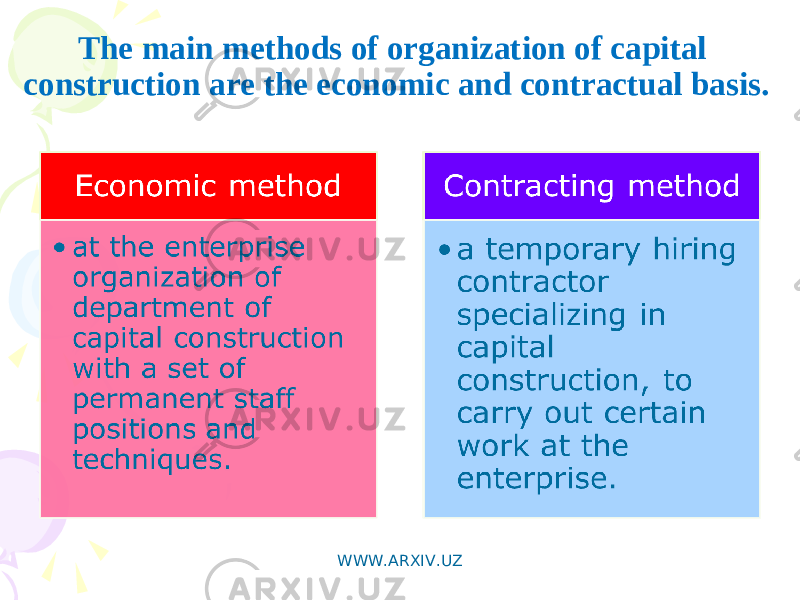 The main methods of organization of capital construction are the economic and contractual basis. WWW.ARXIV.UZ 