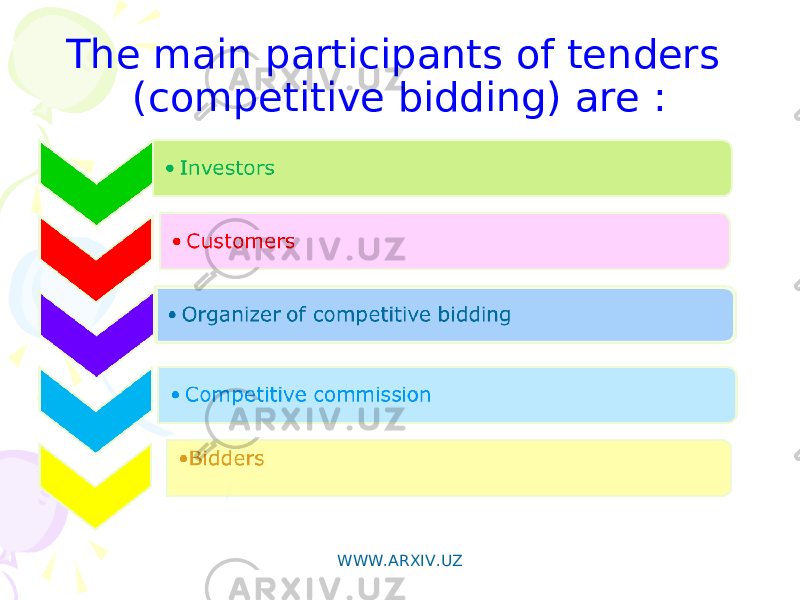 The main participants of tenders (competitive bidding) are : WWW.ARXIV.UZ 