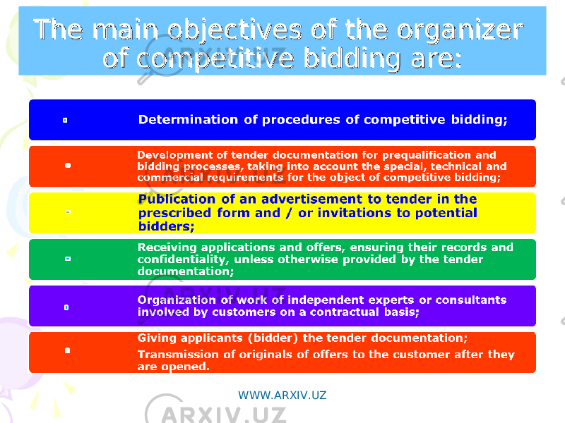 The main objectives of the organizer The main objectives of the organizer of competitive bidding are:of competitive bidding are: WWW.ARXIV.UZ 