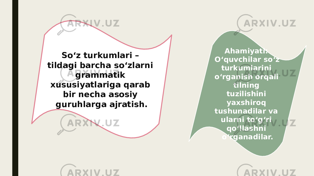 So‘z turkumlari – tildagi barcha so‘zlarni grammatik xususiyatlariga qarab bir necha asosiy guruhlarga ajratish. Ahamiyati: O‘quvchilar so‘z turkumlarini o‘rganish orqali tilning tuzilishini yaxshiroq tushunadilar va ularni to‘g‘ri qo‘llashni o‘rganadilar. 