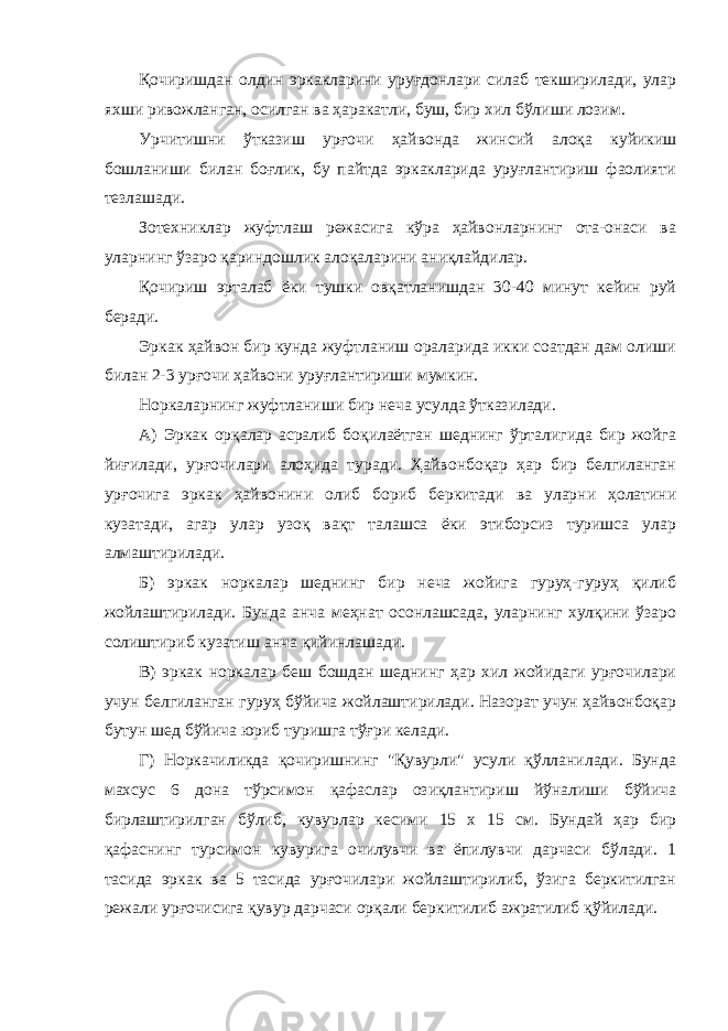 Қочиришдан олдин эркакларини уруғдонлари силаб текширилади, улар яхши ривожланган, осилган ва ҳаракатли, буш, бир хил бўлиши лозим. Урчитишни ўтказиш урғочи ҳайвонда жинсий алоқа куйикиш бошланиши билан боғлик, бу пайтда эркакларида уруғлантириш фаолияти тезлашади. Зотехниклар жуфтлаш режасига кўра ҳайвонларнинг ота-онаси ва уларнинг ўзаро қариндошлик алоқаларини аниқлайдилар. Қочириш эрталаб ёки тушки овқатланишдан 30-40 минут кейин руй беради. Эркак ҳайвон бир кунда жуфтланиш ораларида икки соатдан дам олиши билан 2-3 урғочи ҳайвони уруғлантириши мумкин. Норкаларнинг жуфтланиши бир неча усулда ўтказилади. А) Эркак орқалар асралиб боқилаётган шеднинг ўрталигида бир жойга йиғилади, урғочилари алоҳида туради. Ҳайвонбоқар ҳар бир белгиланган урғочига эркак ҳайвонини олиб бориб беркитади ва уларни ҳолатини кузатади, агар улар узоқ вақт талашса ёки этиборсиз туришса улар алмаштирилади. Б) эркак норкалар шеднинг бир неча жойига гуруҳ-гуруҳ қилиб жойлаштирилади. Бунда анча меҳнат осонлашсада, уларнинг хулқини ўзаро солиштириб кузатиш анча қийинлашади. В) эркак норкалар беш бошдан шеднинг ҳар хил жойидаги урғочилари учун белгиланган гуруҳ бўйича жойлаштирилади. Назорат учун ҳайвонбоқар бутун шед бўйича юриб туришга тўғри келади. Г) Норкачиликда қочиришнинг &#34;Қувурли&#34; усули қўлланилади. Бунда махсус 6 дона тўрсимон қафаслар озиқлантириш йўналиши бўйича бирлаштирилган бўлиб, кувурлар кесими 15 х 15 см. Бундай ҳар бир қафаснинг турсимон кувурига очилувчи ва ёпилувчи дарчаси бўлади. 1 тасида эркак ва 5 тасида урғочилари жойлаштирилиб, ўзига беркитилган режали урғочисига қувур дарчаси орқали беркитилиб ажратилиб қўйилади. 