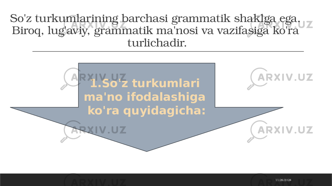 So&#39;z turkumlarining barchasi grammatik shaklga ega. Biroq, lug&#39;aviy, grammatik ma&#39;nosi va vazifasiga ko&#39;ra turlichadir. 11/26/20241.So&#39;z turkumlari ma&#39;no ifodalashiga ko&#39;ra quyidagicha: 