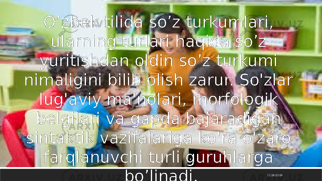 11/26/2024O’zbek tilida so’z turkumlari, ularning turlari haqida so’z yuritishdan oldin so’z turkumi nimaligini bilib olish zarur. So&#39;zlar lug&#39;aviy ma&#39;nolari, morfologik belgilari va gapda bajaradigan sintaktik vazifalariga ko&#39;ra o&#39;zaro farqlanuvchi turli guruhlarga bo’linadi. 