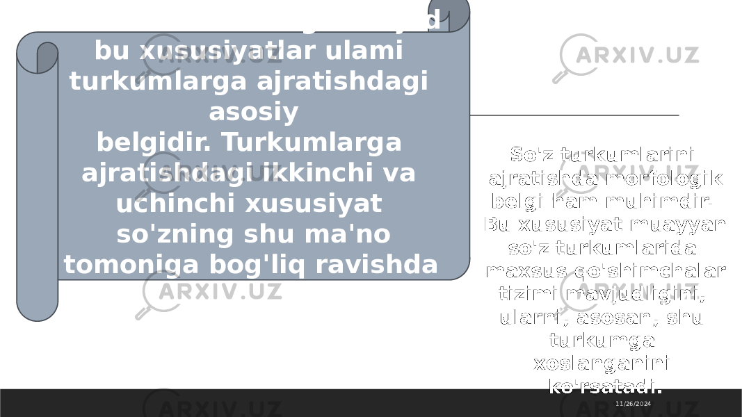 11/26/2024So&#39;z ma&#39;nolaridagi mavjud bu xususiyatlar ulami turkumlarga ajratishdagi asosiy belgidir. Turkumlarga ajratishdagi ikkinchi va uchinchi xususiyat so&#39;zning shu ma&#39;no tomoniga bog&#39;liq ravishda yuzaga keladi. So&#39;z turkumlarini ajratishda morfologik belgi ham muhimdir. Bu xususiyat muayyan so&#39;z turkumlarida maxsus qo&#39;shimchalar tizimi mavjudligini, ularni, asosan, shu turkumga xoslanganini ko&#39;rsatadi. 