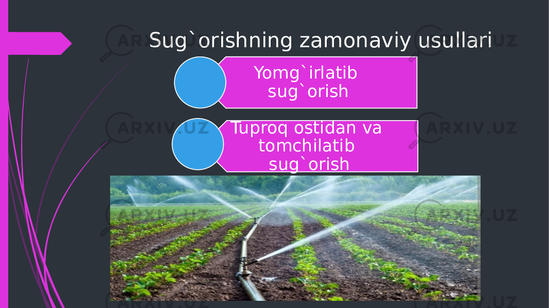 Yomg`irlatib sug`orish Tuproq ostidan va tomchilatib sug`orishSug`orishning zamonaviy usullari 