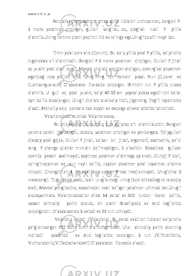 www.arxiv.uz Petrushka (Petroselinum crispus). U ildizlari urchiqsimon, barglari 2- 3 marta patsimon qirqilgan, gullari sarg`ish, oq, qizg`ish tusli 2 yillik o`simlik.Uning hamma qismi yoqimli hid va ta`mga ega.Urug`ida efir moyi bor. Tmin yoki qora zira (Carum). Bu ko`p yillik yoki 2 yillik, ko`pincha tuganaksiz o`t o`simlikdir. Barglari 2-3 marta patsimon qirqilgan. Gullari 2 jinsli oq pushti yoki qizil rangli. Mevasi cho`ziq yonidan siqilgan, qovurg`asi yapsimon egatidagi moy yo`llari bitta. Urug`ining ich tomoni yassi. 2turi (C.carvi va C.atrisangueneun) O`zbekiston florasida tarqalgan. Birinchi turi 2 yillik tuksiz o`simlik. U guli oq yoki pushti, bo`yi 40-60 sm poyasi yakka egatli ichi bo`sh ayri bo`lib shoxlangan. Urug`i cho`ziq xushbo`y hidli, jigarrang. Tog`li rayonlarda o`sadi. Mahalliy xalq qorazira deb ataydi va ovqatga ziravor sifatida ishlatiladi. Valerianadoshlar oilasi-Valerianaceae. Bu oila vakillari buta,chala buta ko`proq o`t o`simliklardir. Barglari qarama-qarshi joylashgan, odatda, patsimon qirqilgan va yonbargsiz. To`pgullari dixoziy yoki gajak. Gullari 2 jinsli, ba`zan bir jinsli, zigomorf, assimetrik, ya`ni teng 2 qismga ajratish mumkin bo`lmaydigan, 5 a`zolidir. Kosachasi gullash davrida yaxshi sezilmaydi, keyinroq patsimon o`simtaga aylanadi. Gultoji 2 labli, qo`ng`iroqsimon va uzun nayli bo`lib, naydan pixsimon yoki naysimon o`simta chiqadi. Changchilari 1 ta yoki 3 ta qolgan 2 tasi rivojlanmaydi. Urug`chisi 3 mevabargli. Tugunchasi ostki, lekin urug`kurtagi uning faqat bittasidagina taraqqiy etadi. Mevasi yong`oqcha, kosachadan hosil bo`lgan patsimon uchmasi bor.Urug`i endosperimsiz. Valerianadoshlar oilasi 14 avlod va 350 turdan iborat bo`lib, asosan shimoliy yarim sharda, bir qismi Braziliyada va And tog`larida tarqalgandir. O`zbekistonda 3 avlodi va 19 turi uchraydi. Valeriana avlodi (Valeriana). Bu avlod vakillari ildizlari ko`pincha yo`g`onlashgan 200 tacha turni o`z ichiga oladi. Ular shimoliy yarim sharning mo`tadil poslarida va And tog`larida tarqalgan. 3 turi (V.Ticarifolia, V.chionophila,V.Tedtschenkovii) O`zbekiston florasida o`sadi. 