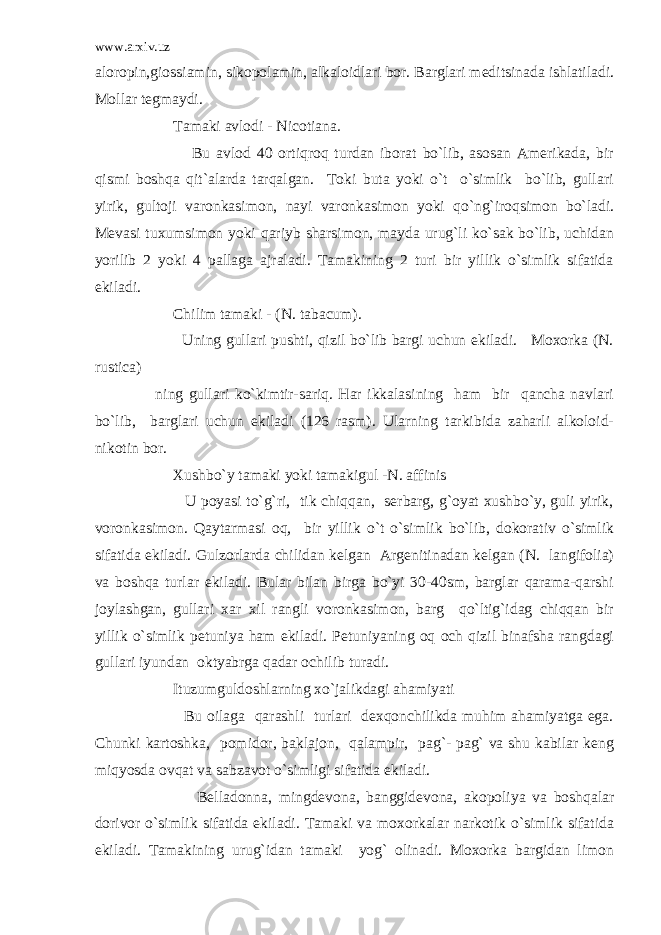 www.arxiv.uz aloropin,giossiamin, sikopolamin, alkaloidlari bor. Barglari meditsinada ishlatiladi. Mollar tegmaydi. Tamaki avlodi - Nicotiana. Bu avlod 40 ortiqroq turdan iborat bo`lib, asosan Amerikada, bir qismi boshqa qit`alarda tarqalgan. Toki buta yoki o`t o`simlik bo`lib, gullari yirik, gultoji varonkasimon, nayi varonkasimon yoki qo`ng`iroqsimon bo`ladi. Mevasi tuxumsimon yoki qariyb sharsimon, mayda urug`li ko`sak bo`lib, uchidan yorilib 2 yoki 4 pallaga ajraladi. Tamakining 2 turi bir yillik o`simlik sifatida ekiladi. Chilim tamaki - (N. tabacum). Uning gullari pushti, qizil bo`lib bargi uchun ekiladi. Moxorka (N. rustica) ning gullari ko`kimtir-sariq. Har ikkalasining ham bir qancha navlari bo`lib, barglari uchun ekiladi (126 rasm). Ularning tarkibida zaharli alkoloid- nikotin bor. Xushbo`y tamaki yoki tamakigul -N. affinis U poyasi to`g`ri, tik chiqqan, serbarg, g`oyat xushbo`y, guli yirik, voronkasimon. Qaytarmasi oq, bir yillik o`t o`simlik bo`lib, dokorativ o`simlik sifatida ekiladi. Gulzorlarda chilidan kelgan Argenitinadan kelgan (N. langifolia) va boshqa turlar ekiladi. Bular bilan birga bo`yi 30-40sm, barglar qarama-qarshi joylashgan, gullari xar xil rangli voronkasimon, barg qo`ltig`idag chiqqan bir yillik o`simlik petuniya ham ekiladi. Petuniyaning oq och qizil binafsha rangdagi gullari iyundan oktyabrga qadar ochilib turadi. Ituzumguldoshlarning xo`jalikdagi ahamiyati Bu oilaga qarashli turlari dexqonchilikda muhim ahamiyatga ega. Chunki kartoshka, pomidor, baklajon, qalampir, pag`- pag` va shu kabilar keng miqyosda ovqat va sabzavot o`simligi sifatida ekiladi. Belladonna, mingdevona, banggidevona, akopoliya va boshqalar dorivor o`simlik sifatida ekiladi. Tamaki va moxorkalar narkotik o`simlik sifatida ekiladi. Tamakining urug`idan tamaki yog` olinadi. Moxorka bargidan limon 