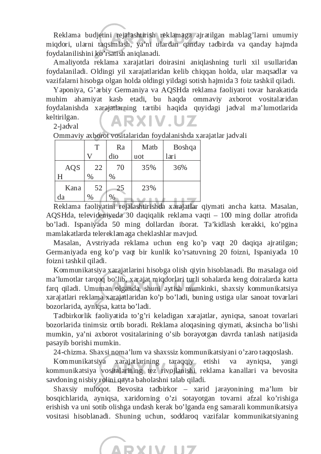 Reklama budjetini rejalashtirish reklamaga ajratilgan mablag’larni umumiy miqdori, ularni taqsimlash, ya’ni ulardan qanday tadbirda va qanday hajmda foydalanilishini ko’rsatish aniqlanadi. Amaliyotda reklama xarajatlari doirasini aniqlashning turli xil usullaridan foydalaniladi. Oldingi yil xarajatlaridan kelib chiqqan holda, ular maqsadlar va vazifalarni hisobga olgan holda oldingi yildagi sotish hajmida 3 foiz tashkil qiladi. Yaponiya, G’arbiy Germaniya va AQSHda reklama faoliyati tovar harakatida muhim ahamiyat kasb etadi, bu haqda ommaviy axborot vositalaridan foydalanishda xarajatlarning tartibi haqida quyidagi jadval ma’lumotlarida keltirilgan. 2-jadval Ommaviy axborot vositalaridan foydalanishda xarajatlar jadvali T V Ra dio Matb uot Boshqa lari AQS H 22 % 70 % 35% 36% Kana da 52 % 25 % 23% Reklama faoliyatini rejalashtirishda xarajatlar qiymati ancha katta. Masalan, AQSHda, televideniyeda 30 daqiqalik reklama vaqti – 100 ming dollar atrofida bo’ladi. Ispaniyada 50 ming dollardan iborat. Ta’kidlash kerakki, ko’pgina mamlakatlarda telereklamaga cheklashlar mavjud. Masalan, Avstriyada reklama uchun eng ko’p vaqt 20 daqiqa ajratilgan; Germaniyada eng ko’p vaqt bir kunlik ko’rsatuvning 20 foizni, Ispaniyada 10 foizni tashkil qiladi. Kommunikatsiya xarajatlarini hisobga olish qiyin hisoblanadi. Bu masalaga oid ma’lumotlar tarqoq bo’lib, xarajat miqdorlari turli sohalarda keng doiralarda katta farq qiladi. Umuman olganda, shuni aytish mumkinki, shaxsiy kommunikatsiya xarajatlari reklama xarajatlaridan ko’p bo’ladi, buning ustiga ular sanoat tovarlari bozorlarida, ayniqsa, katta bo’ladi. Tadbirkorlik faoliyatida to’g’ri keladigan xarajatlar, ayniqsa, sanoat tovarlari bozorlarida tinimsiz ortib boradi. Reklama aloqasining qiymati, aksincha bo’lishi mumkin, ya’ni axborot vositalarining o’sib borayotgan davrda tanlash natijasida pasayib borishi mumkin. 24-chizma. Shaxsi noma’lum va shaxssiz kommunikatsiyani o’zaro taqqoslash. Kommunikatsiya xarajatlarining taraqqiy etishi va ayniqsa, yangi kommunikatsiya vositalarining tez rivojlanishi reklama kanallari va bevosita savdoning nisbiy rolini qayta baholashni talab qiladi. Shaxsiy muloqot. Bevosita tadbirkor – xarid jarayonining ma’lum bir bosqichlarida, ayniqsa, xaridorning o’zi sotayotgan tovarni afzal ko’rishiga erishish va uni sotib olishga undash kerak bo’lganda eng samarali kommunikatsiya vositasi hisoblanadi. Shuning uchun, soddaroq vazifalar kommunikatsiyaning 