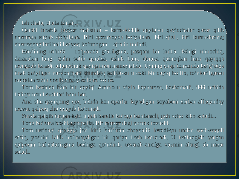 Ish chala, chala ishlar... Qarshi tarafda tayyor mahsulot – katta-kichik qayig‘-u qayiqchalar qator qilib chetanga suyab qo‘yilgan. Biri qoramoyga bo‘yalgan, biri qizil, biri kumushrang; chetroqdagilari hali bo‘yoq ko‘rmagan – ajralib turibdi. Hovlining to‘rida – ro‘parada g‘aribgina, pasqam bir kulba. Eshigi nimochiq, derazalari lang. Zehn solib qaralsa, eshik ham, deraza qasnoqlari ham qayiqqa mengzab ketadi, allanechuk qayiqsimon namoyishda. Uyning chap tomonida bo‘g‘otga tirab qo‘yilgan narvon ham shunday; aslida-ku u eski bir qayiq bo‘lib, to‘nkarilgan-u orqasiga taxta qoqib zina yasalgan, xolos. Tom boshida ham bir qayiq! Ammo u xiyla haybatdor, hashamatli, ikki uchida baliqsimon bezaklari ham bor. Ana shu qayiqning qoq belida kontoparlar kiyadigan soyaboni serbar allaqanday movut qalpoq cho‘qqayib ko‘rinadi. Suvda qalqib turgan kabi u goh baralla ko‘zga tashlanadi, goh «cho‘kib» ketadi... Tong bo‘zara boshlagan palla. Bir maromdagi xurrak tovushi. Tom ustidagi qayiqqa jon kirib daf’atan chayqalib ketadi-yu undan soch-soqoli o‘siq, yoshini bilib bo‘lmaydigan bir qariya bosh ko‘taradi. U ko‘kragida yotgan qalpoqni haf-salasizgina boshiga qo‘ndirib, tevarak-atrofga vazmin alangl ab nazar soladi. 