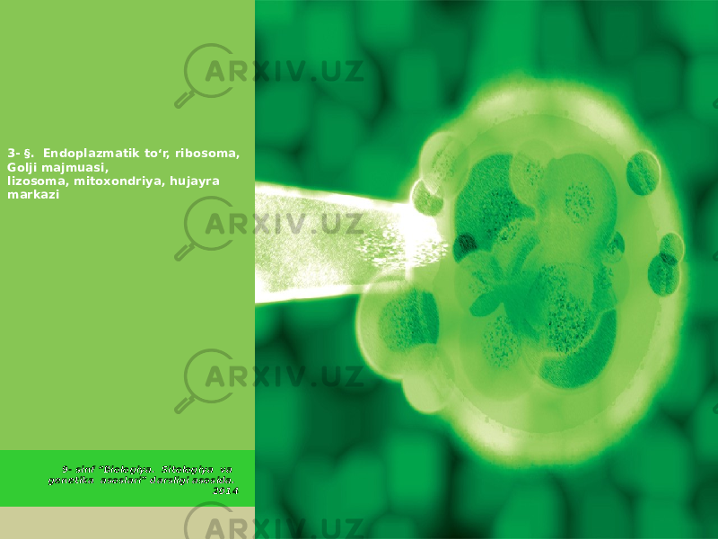  3- §. Endoplazmatik to‘r, ribosoma, Golji majmuasi, lizosoma, mitoxondriya, hujayra markazi 9- sinf “Biologiya. Sitologiya va genetika asoslari” darsligi asosida. 2014 