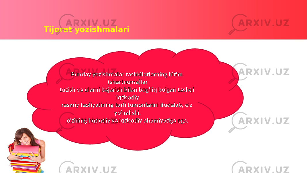 Tijorat yozishmalari Bunday yozishmalar tashkilotlarning bitim (shartnoma)lar tuzish va ularni bajarish bilan bog&#39;liq boigan tashqi iqtisodiy rasmiy faoliyatining turli tomonlarini ifodalab, o&#39;z yo&#39;nalishi, o&#39;zining huquqiy va iqtisodiy ahamiyatiga ega. 