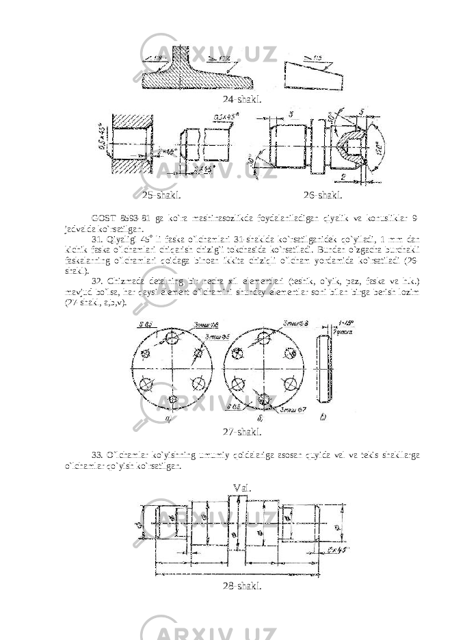 24-shakl. 25-shakl. 26-shakl. GOST 8593-81 ga ko`ra mashinasozlikda foydalaniladigan qiyalik va konusliklar 9- jadvalda ko`rsatilgan. 31. Qiyaligi 45  li faska o`lchamlari 31-shaklda ko`rsatilganidek qo`yiladi, 1 mm dan kichik faska o`lchamlari chiqarish chizig`i tokchasida ko`rsatiladi. Bundan o`zgacha burchakli faskalarning o`lchamlari qoidaga binoan ikkita chiziqli o`lcham yordamida ko`rsatiladi (26- shakl). 32. Chizmada detalning bir necha xil elementlari (teshik, o`yik, paz, faska va h.k.) mavjud bo`lsa, har qaysi element o`lchamini shunday elementlar soni bilan birga berish lozim (27-shakl, a,b,v). 27-shakl. 33. O`lchamlar ko`yishning umumiy qoidalariga asosan quyida val va tekis shakllarga o`lchamlar qo`yish ko`rsatilgan. Val. 28-shakl. 