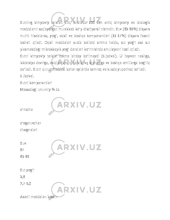 Sutning kimyoviy tarkibi. Sut, tarkibida 100 dan ortiq kimyoviy va biologik moddalarni saqlaydigan murakkab ko‘p dischpersli tizimdir. Suv (83-89%) dispers muhit hisoblansa, yog‘, oqsil va boshqa komponentlari (11-17%) dispers fazani tashkil qiladi. Oqsil moddalari sutda kolloid eritma holda, sut yog‘i esa sut plazmasidagi mikroskopik yog‘ donalari ko‘rinishida emulsiyani hosil qiladi. Sutni kimyoviy tarkibi doimo birday bo‘lmaydi (5-jadval). U hayvon nasliga, lektatsiya davriga, oziqlanish uni tarkibi va sharoitiga va boshqa omillarga bog‘liq bo‘ladi. Sutni quruq moddasi bahor oylarida kamroq va kuzda yuqoriroq bo‘ladi. 5-Jadval. Sutni komponentlari Massadagi umumiy % da o‘rtacha o‘zgaruvchan chegaralari Suv 87 83-89 Sut yog‘i 3,8 2,7-6,0 Azotli moddalar: kazein 