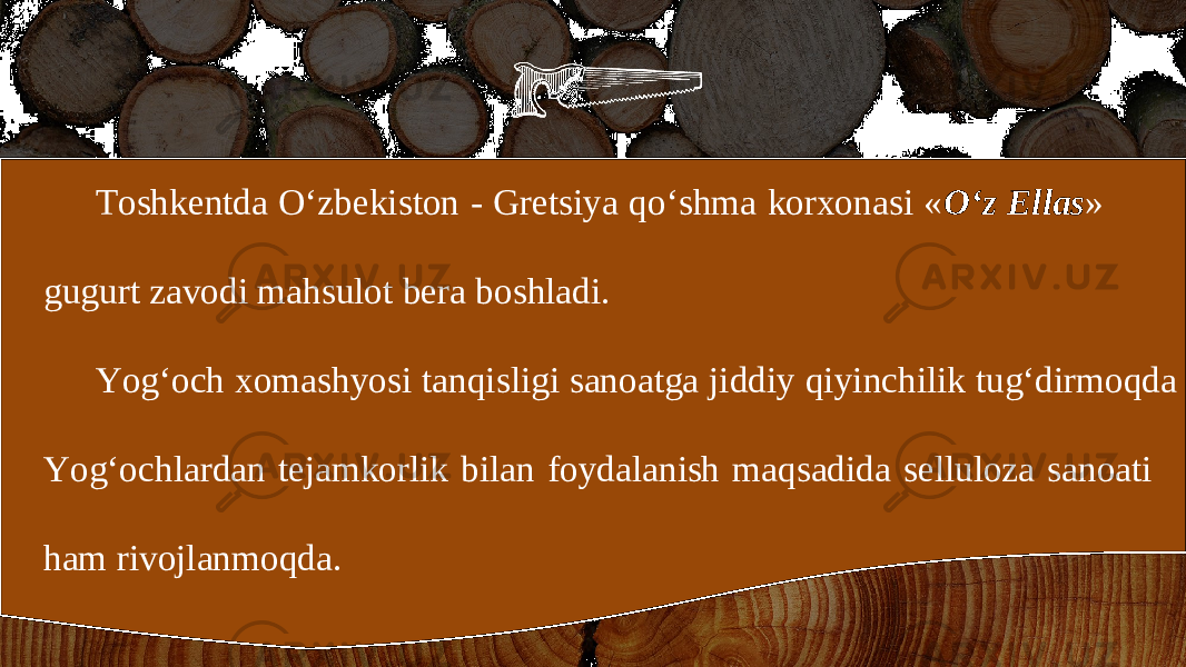 Toshkentda O‘zbekiston - Gretsiya qo‘shma korxonasi « O‘z Ellas » gugurt zavodi mahsulot bera boshladi. Yog‘och xomashyosi tanqisligi sanoatga jiddiy qiyinchilik tug‘dirmoqda Yog‘ochlardan tejamkorlik bilan foydalanish maqsadida selluloza sanoati ham rivojlanmoqda. 