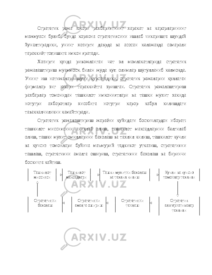 Стратегик режа юкори рахбариятнинг харакат ва карорларининг мажмуаси булиб, бунда корхона стратегиясини ишлаб чикаришга шундай йуналтирадики, унинг хозирги даврда ва асосан келажакда самарали тараккиёт топишига имкон яратади. Хозирги кунда ривожланган чет эл мамлакатларида стратегик режалаштириш муаммоси билан жуда куп олимлар шугулланиб келмокда. Унинг иш натижалари шуни курсатадики, стратегик режаларни куллаган фирмалар энг юкори тараккиётга эришган. Стратегик режалаштириш рахбарлар томонидан ташкилот имкониятлари ва ташки мухит хакида нотугри ахборотлар хисобига нотугри карор кабул килишдаги таваккалчиликни камайтиради. Стратегик режалаштириш жараёни куйидаги боскичлардан иборат: ташкилот миссиясини аниклаб олиш, ташкилот максадларини белгилаб олиш, ташки мухит омилларини бахолаш ва тахлил килиш, ташкилот кучли ва кучсиз томонлари буйича маъмурий тадкикот утказиш, стратегияни ташлаш, стратегияни амалга ошириш, стратегияни бахолаш ва биринчи боскичга кайтиш. Ташкилот миссияси Ташкилот максадлари Ташки мухитни бахолаш ва тахлил килиш Кучли ва кучсиз томонлар тахлили Стратегик альтернативалар тахлилиСтратегияни танлашСтратегияни амалга оширишСтратегияни бахолаш 