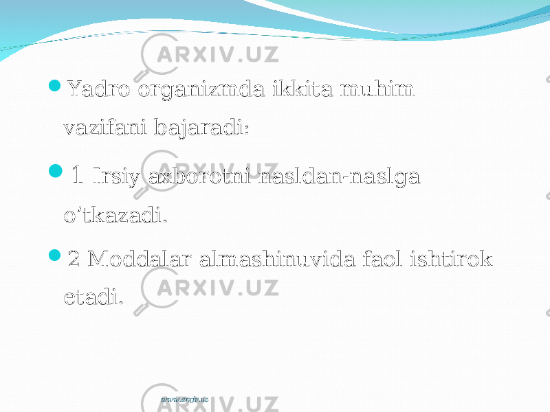  Yadro organizmda ikkita muhim vazifani bajaradi:  1 Irsiy axborotni nasldan-naslga o’tkazadi.  2 Moddalar almashinuvida faol ishtirok etadi. www.arxiv.uz 