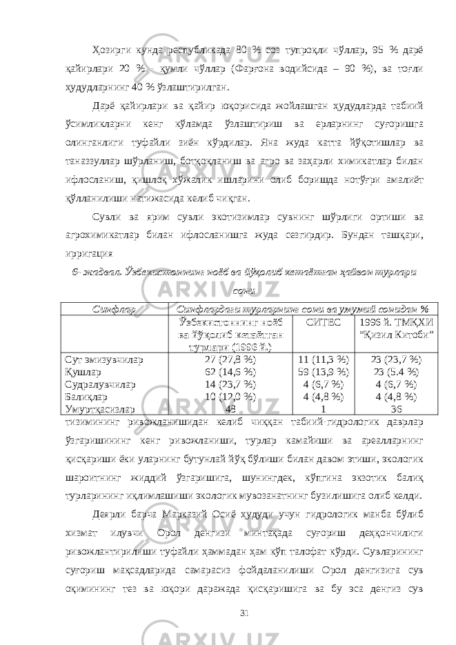 Ҳозирги кунда республикада 80 % соз тупроқли чўллар, 95 % дарё қайирлари 20 % - қумли чўллар (Фарғона водийсида – 90 %), ва тоғли ҳудудларнинг 40 % ўзлаштирилган. Дарё қайирлари ва қайир юқорисида жойлашган ҳудудларда табиий ўсимликларни кенг кўламда ўзлаштириш ва ерларнинг суғоришга олинганлиги туфайли зиён кўрдилар. Яна жуда катта йўқотишлар ва таназзуллар шўрланиш, ботқоқланиш ва агро ва заҳарли химикатлар билан ифлосланиш, қишлоқ хўжалик ишларини олиб боришда нотўғри амалиёт қўлланилиши натижасида келиб чиқган. Сувли ва ярим сувли экотизимлар сувнинг шўрлиги ортиши ва агрохимикатлар билан ифлосланишга жуда сезгирдир. Бундан ташқари, ирригация 6- жадвал. Ўзбекистоннинг ноёб ва йўқолиб кетаётган ҳайвон турлари сони Синфлар Синфлардаги турларнинг сони ва умумий сонидан % Ўзбекистоннинг ноёб ва йўқолиб кетаётган турлари (1996 й.) СИТЕС 1996 й. ТМҚХИ “Қизил Китоби” Сут эмизувчилар Қушлар Судралувчилар Балиқлар Умуртқасизлар 27 (27,8 %) 62 (14,6 %) 14 (23,7 %) 10 (12,0 %) 48 11 (11,3 %) 59 (13,9 %) 4 (6,7 %) 4 (4,8 %) 1 23 (23,7 %) 23 (5.4 %) 4 (6,7 %) 4 (4,8 %) 36 тизимининг ривожланишидан келиб чиққан табиий-гидрологик даврлар ўзгаришининг кенг ривожланиши, турлар камайиши ва ареалларнинг қисқариши ёки уларнинг бутунлай йўқ бўлиши билан давом этиши, экологик шароитнинг жиддий ўзгаришига, шунингдек, кўпгина экзотик балиқ турларининг иқлимлашиши экологик мувозанатнинг бузилишига олиб келди. Деярли барча Марказий Осиё ҳудуди учун гидрологик манба бўлиб хизмат илувчи Орол денгизи минтақада суғориш деҳқончилиги ривожлантирилиши туфайли ҳаммадан ҳам кўп талофат кўрди. Сувларининг суғориш мақсадларида самарасиз фойдаланилиши Орол денгизига сув оқимининг тез ва юқори даражада қисқаришига ва бу эса денгиз сув 31 