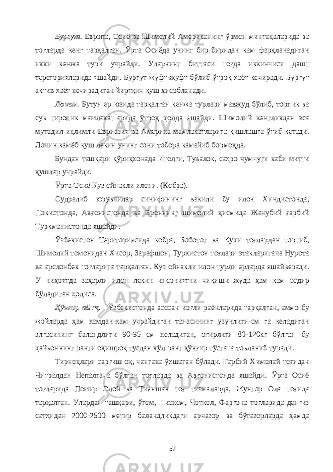 Бургут . Европа, Осиё ва Шимолий Американинг ўрмон минтақаларида ва тоғларда кенг тарқалган. Ўрта Осиёда унинг бир-биридан кам фарқланадиган икки кенжа тури учрайди. Уларнинг биттаси тоғда иккинчиси дашт терегорияларида яшайди. Бургут жуфт-жуфт бўлиб ўтроқ хаёт кечиради. Бургут актив хаёт кечирадиган йиртқич қуш хисобланади. Лочин . Бутун ер юзида тарқалган кенжа турлари мавжуд бўлиб, торпик ва сув тиропик мамлакат-арида ўтроқ ҳолда яшайди. Шимолий кенгликдан эса мутадил иқлимли Евриазия ва Америка мамлакатларига қишлашга ўтиб кетади. Лочин камёб куш лекин унинг сони тобора камайиб бормоқда. Бундан ташқари қўриқхонада Итолги, Тувалок, саҳро чумчуги каби митти қушлар учрайди. Ўрта Осиё Куз ойнакли илони. (Кобра). Судралиб юрувчилар синифининг вакили бу илон Хиндистонда, Покистонда, Авғонистонда ва Эроннинг шимолий қисмида Жанубий ғарбий Туркманистонда яшайди. Ўзбекистон Териториясида кобра, Боботог ва Кухи тоғлардан тортиб, Шимолий томонидан Хисор, Зарафшон, Туркистон тоғлари этакларигача Нурота ва арслонбек тоғларига тарқалган. Куз ойнакли илон турли ерларда яшайверади. У ниҳоятда заҳарли илон лекин инсониятни чиқиши жуда ҳам кам содир бўладиган ҳодиса. Қўнғир айиқ . Ўзбекистонда асосан иоғли раёнларида тарқалган, аммо бу жойларда ҳам камдан-кам учрайдиган танасининг узунлиги-см га келадиган элгасининг баландлиги 90-95 см келадиган, оғирлиги 80-120кг бўлган бу ҳайвоннинг ранги оқишроқ тусдан кўл-ранг қўнғир тўсгача товланиб туради. Тирноқлари сарғиш оқ, чангака ўхшаган бўлади. Ғарбий Химолай тоғидан Читралдан Непалгача бўлган тоғларда ва Авғонистонда яшайди. Ўрта Осиё тоғларида Помир Олой ва Тияншан тоғ тизмаларда, Жунгор Ола тоғида тарқалган. Улардан ташқари, ўгом, Писком, Чоткол, Фарғона тоғларида денгиз сатҳидан 2000-2500 метир баландликдаги арчазор ва бўтазорларда ҳамда 57 