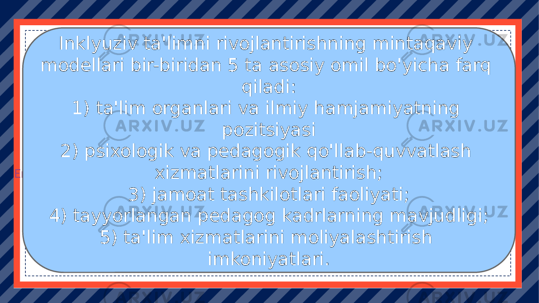 Enter title Enter subtitle Click here to add content of the text ， and briefly explain your point of view. Enter subtitle Click here to add content of the text ， and briefly explain your point of view. Enter subtitle Click here to add content of the text ， and briefly explain your point of view. Enter subtitle Click here to add content of the text ， and briefly explain your point of view.Inklyuziv ta&#39;limni rivojlantirishning mintaqaviy modellari bir-biridan 5 ta asosiy omil bo&#39;yicha farq qiladi: 1) ta&#39;lim organlari va ilmiy hamjamiyatning pozitsiyasi 2) psixologik va pedagogik qo&#39;llab-quvvatlash xizmatlarini rivojlantirish; 3) jamoat tashkilotlari faoliyati; 4) tayyorlangan pedagog kadrlarning mavjudligi; 5) ta&#39;lim xizmatlarini moliyalashtirish imkoniyatlari. 