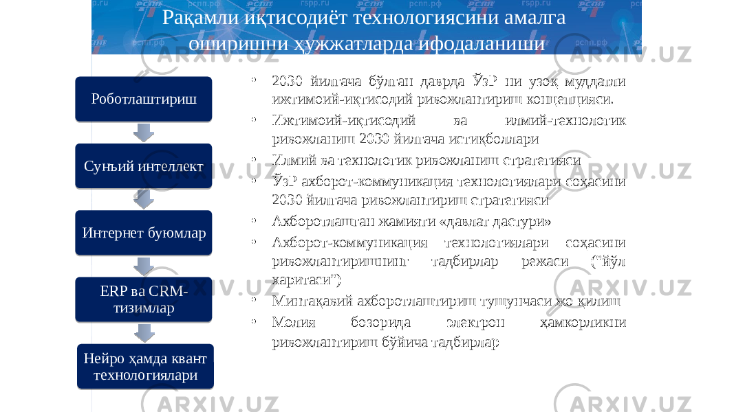 Рақамли иқтисодиёт технологиясини амалга оширишни ҳужжатларда ифодаланиши • 2030 йилгача бўлган даврда ЎзР ни узоқ муддатли ижтимоий-иқтисодий ривожлантириш концепцияси. • Ижтимоий-иқтисодий ва илмий-технологик ривожланиш 2030 йилгача истиқболлари • Илмий ва технологик ривожланиш стратегияси • ЎзР ахборот-коммуникация технологиялари соҳасини 2030 йилгача ривожлантириш стратегияси • Ахборотлашган жамияти «давлат дастури» • Ахборот-коммуникация технологиялари соҳасини ривожлантиришнинг тадбирлар режаси (&#34;йўл харитаси&#34;) • Минтақавий ахборотлаштириш тушунчаси жо қилиш • Молия бозорида электрон ҳамкорликни ривожлантириш бўйича тадбирла рРоботлаштириш Сунъий интеллект Интернет буюмлар ERP ва CRM- тизимлар Нейро ҳамда квант технологиялари 