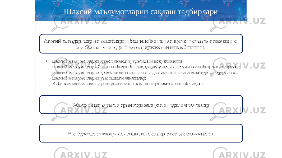 Шахсий маълумотларни сақлаш тадбирлари Асосий стандартлар ва талабларни белгилайдиган халқаро шартнома мақомига эга бўлган ягона, универсал ҳужжатни ишлаб чиқиш: Махфий маълумотларни хорижга узатишдаги чекловлар• шахсий маълумотларни ҳимоя қилиш тўғрисидаги қонунчиликка; • шахсий маълумотлар айланиши билан боғлиқ ҳуқуқбузарликлар учун жавобгарликка тортиш; • шахсий маълумотларни ҳимоя қилишнинг етарли даражасини таъминламайдиган ҳудудларда шахсий маълумотларни узатишдаги чекловлар; • Кибержиноятчиликка қарши универсал халқаро шартномани ишлаб чиқиш Маълумотлар махфийлигини давлат даражасида таъминлаш 