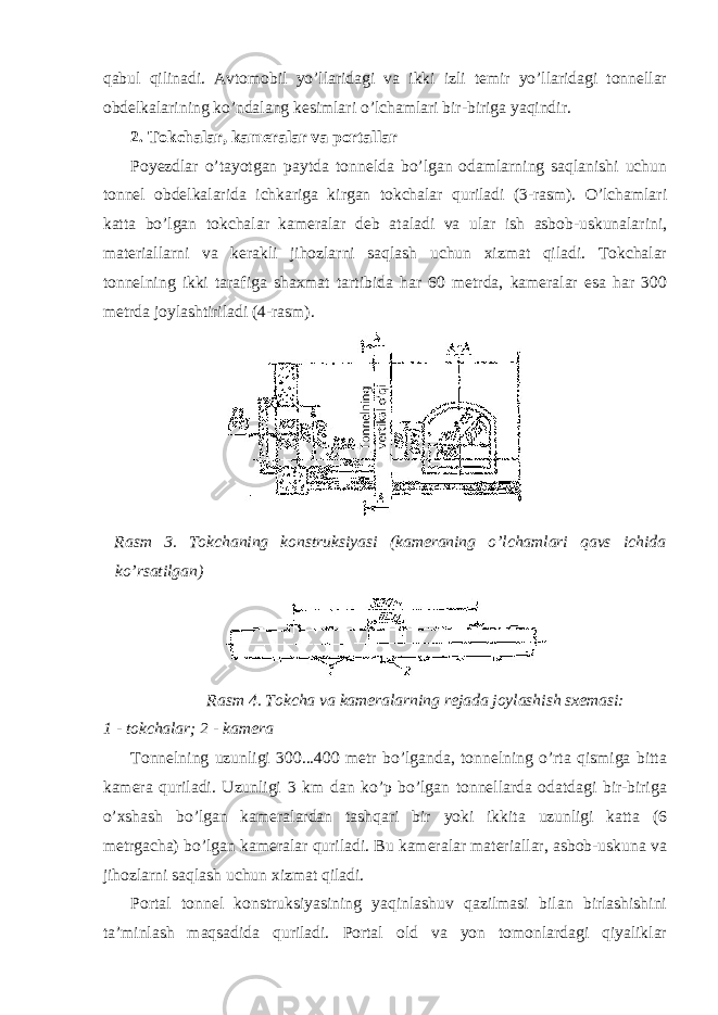 qabul qilinadi. Avtomobil yo’llaridagi va ikki izli temir yo’llaridagi tonnellar obdelkalarining ko’ndalang kesimlari o’lchamlari bir-biriga yaqindir. 2. Tokchalar, kameralar va portallar Poyezdlar o’tayotgan paytda tonnelda bo’lgan odamlarning saqlanishi uchun tonnel obdelkalarida ichkariga kirgan tokchalar quriladi (3-rasm). O’lchamlari katta bo’lgan tokchalar kameralar deb ataladi va ular ish asbob-uskunalarini, materiallarni va kerakli jihozlarni saqlash uchun xizmat qiladi. Tokchalar tonnelning ikki tarafiga shaxmat tartibida har 60 metrda, kameralar esa har 300 metrda joylashtiriladi (4-rasm). Rasm 3. Tokchaning konstruksiyasi (kameraning o’lchamlari qavs ichida ko’rsatilgan) Rasm 4. Tokcha va kameralarning rejada joylashish sxemasi: 1 - tokchalar; 2 - kamera Tonnelning uzunligi 300...400 metr bo’lganda, tonnelning o’rta qismiga bitta kamera quriladi. Uzunligi 3 km dan ko’p bo’lgan tonnellarda odatdagi bir-biriga o’xshash bo’lgan kameralardan tashqari bir yoki ikkita uzunligi katta (6 metrgacha) bo’lgan kameralar quriladi. Bu kameralar materiallar, asbob-uskuna va jihozlarni saqlash uchun xizmat qiladi. Portal tonnel konstruksiyasining yaqinlashuv qazilmasi bilan birlashishini ta’minlash maqsadida quriladi. Portal old va yon tomonlardagi qiyaliklar 
