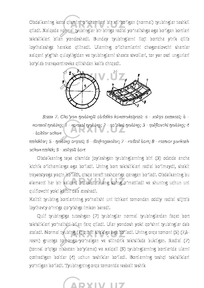 Obdelkaning katta qismini o’lchamlari bir xil bo’lgan (normal) tyubinglar tashkil qiladi. Xalqada normal tyubinglar bir-biriga radial yo’nalishga ega bo’lgan bortlari tekisliklari bilan yondoshadi. Bunday tyubinglarni iloji boricha yirik qilib loyihalashga harakat qilinadi. Ularning o’lchamlarini chegaralovchi shartlar xalqani yig’ish qulayligidan va tyubinglarni shaxta stvollari, tor yer osti ungurlari bo’ylab transportirovka qilishdan kelib chiqadi. Rasm 7. Cho’yan tyubingli obdelka konstruksiyasi: a - xalqa sxemasi; b - normal tyubing; 1 - normal tyubing; 2 - qo’shni tyubing; 3 - qulflovchi tyubing; 4 - boltlar uchun teshiklar; 5 - tyubing orqasi; 6 - diafragmalar; 7 - radial bort; 8 - rastvor purkash uchun teshik; 9 - xalqali bort Obdelkaning tepa qismida joylashgan tyubinglarning biri ( 3 ) odatda ancha kichik o’lchamlarga ega bo’ladi. Uning bort tekisliklari radial bo’lmaydi, shakli trapetsiyaga yaqin bo’ladi, qisqa tarafi tashqariga qaragan bo’ladi. Obdelkaning bu elementi har bir xalqani birlashtirib eng so’ng o’rnatiladi va shuning uchun uni qulflovchi yoki kalitli deb atashadi. Kalitli tyubing bortlarining yo’nalishi uni ichkari tomondan oddiy radial siljitib loyihaviy o’rniga qo’yishga imkon beradi. Qulf tyubingiga tutashgan ( 2 ) tyubinglar normal tyubinglardan faqat bort tekisliklari yo’nalishi bilan farq qiladi. Ular yondosh yoki qo’shni tyubinglar deb ataladi. Normal tyubing ( 1 ) qutili shaklga ega bo’ladi. Uning orqa tomoni ( 5 ) (7, b - rasm) gruntga tomonga yo’nalgan va silindrik tekislikda bukilgan. Radial ( 7 ) (tonnel o’qiga nisbatan bo’ylama) va xalqali ( 9 ) tyubinglarning bortlarida ularni qotiradigan boltlar ( 4 ) uchun teshiklar bo’ladi. Bortlarning tashqi tekisliklari yo’nilgan bo’ladi. Tyubingning orqa tomonida rezbali teshik 