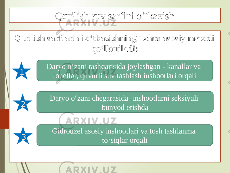 Qurilish sarflarini o‘tkazishning uchta asosiy metodi qo‘llaniladi:Qurilish suv sarfini o’tkazish Daryo o‘zani tashqarisida joylashgan - kanallar va tonellar, quvurli suv tashlash inshootlari orqali Daryo o‘zani chegarasida- inshootlarni seksiyali bunyod etishda Gidrouzel asosiy inshootlari va tosh tashlanma to‘siqlar orqali1 2 3 