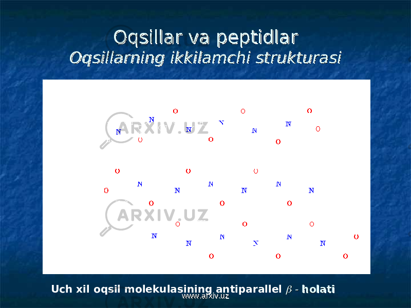 Oqsillar va peptidlarOqsillar va peptidlar Oqsillarning ikkilamchi strukturasiOqsillarning ikkilamchi strukturasi Uch xil oqsil molekulasining antiparallel  - - holatiholati www.arxiv.uzwww.arxiv.uz 