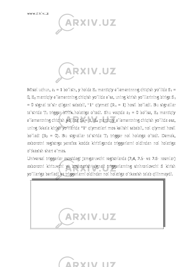 www.arxiv.uz Misol uchun, a 1 = 1 bo`lsin, y holda E 1 mantiqiy e`lementnnng chiqish yo`lida S 1 = 0, E 2 mantiqiy e`lementning chiqish yo`lida e`sa, uning kirish yo`llarining biriga S 1 = 0 signal ta`sir qilgani sababli, &#34;1&#34; qiymati (R 1 = 1) hosil bo`ladi. Bu signallar ta`sirida T 1 trigger birlik holatiga o`tadi. Shu vaqtda a 2 = 0 bo`lsa, E 3 mantiqiy e`lementning chiqish yo`lida S 2 = 1, E 4 mantiqiy e`lementning chiqish yo`lida esa, uning ikkala kirish yo`llarida “1&#34; qiymatlari mos kelishi sababli, nol qiymati hosil bo`ladi (R 2 = 0). Bu signallar ta`sirida T 2 trigger nol holatga o`tadi. Demak, axborotni registrga parafaz kodda kiritilganda triggerlarni oldindan nol holatiga o`tkazish shart e`mas. Universal triggerlar asosidagi jamgaruvchi registrlarda (2,4, 2.5- va 2.6- rasmlar) axborotni kirituvchi y 1 boshqarish signali triggerlarning sinhronlovchi S kirish yo`llariga beriladi va triggerlarni oldindan nol holatiga o`tkazish talab qilinmaydi. 