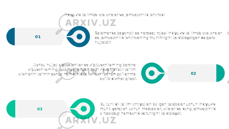 Inklyuziv ta&#39;limda ota-onalar va jamoatchilik ishtiroki Salamanka bayonoti va harakat rejasi inklyuziv ta&#39;limda ota-onalar va jamoatchilik ishtirokining muhimligini ta&#39;kidlaydigan xalqaro hujjatdir.01 Bu turli xil ta&#39;lim ehtiyojlari bo&#39;lgan talabalar uchun inklyuziv muhit yaratish uchun maktablar, oilalar va keng jamoatchilik o&#39;rtasidagi hamkorlik zarurligini ta&#39;kidlaydi.03 02Ushbu hujjat siyosatchilar va o‘qituvchilarning barcha o‘quvchilarning, qobiliyatlaridan qat’i nazar, sifatli ta’lim olishlarini ta’minlashda hamkorlikda ishlashi uchun qo‘llanma bo‘lib xizmat qiladi. 