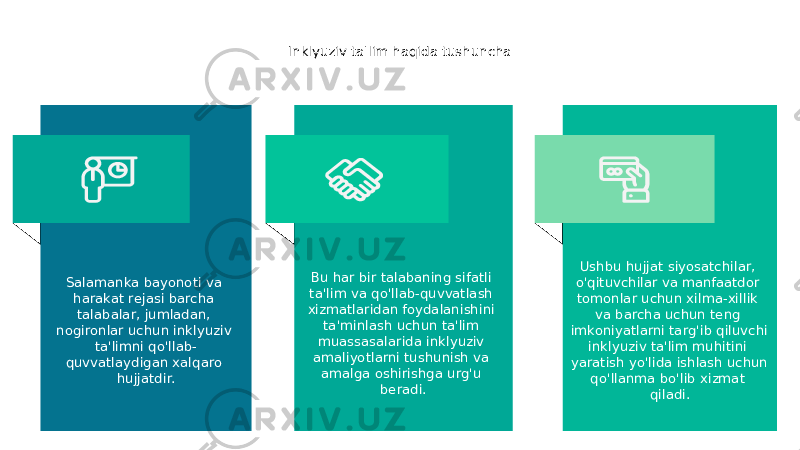 Inklyuziv ta&#39;lim haqida tushuncha Salamanka bayonoti va harakat rejasi barcha talabalar, jumladan, nogironlar uchun inklyuziv ta&#39;limni qo&#39;llab- quvvatlaydigan xalqaro hujjatdir. Bu har bir talabaning sifatli ta&#39;lim va qo&#39;llab-quvvatlash xizmatlaridan foydalanishini ta&#39;minlash uchun ta&#39;lim muassasalarida inklyuziv amaliyotlarni tushunish va amalga oshirishga urg&#39;u beradi. Ushbu hujjat siyosatchilar, o&#39;qituvchilar va manfaatdor tomonlar uchun xilma-xillik va barcha uchun teng imkoniyatlarni targ&#39;ib qiluvchi inklyuziv ta&#39;lim muhitini yaratish yo&#39;lida ishlash uchun qo&#39;llanma bo&#39;lib xizmat qiladi. 