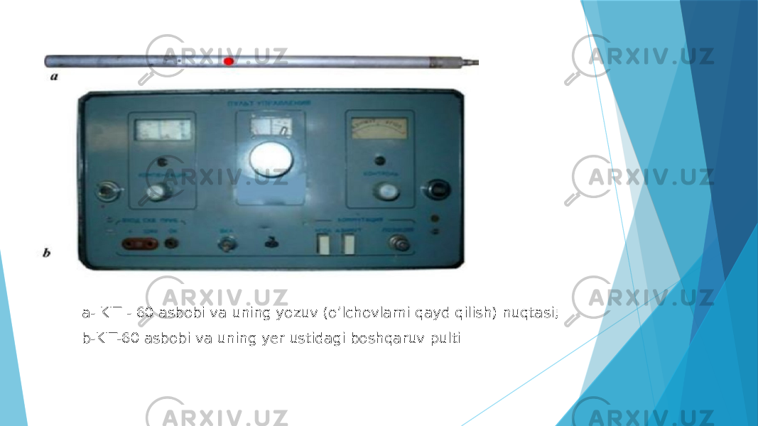 a- KIT - 60 asbobi va uning yozuv (oʼlchovlarni qayd qilish) nuqtasi; b-KIT-60 asbobi va uning yer ustidagi boshqaruv pulti 