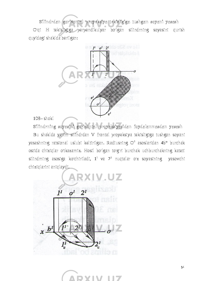 Silindrdan gorizontal proyeksiya tekisligiga tushgan soyani yasash O&#39;qi H tekisligiga perpendikulyar bo&#39;lgan silindrning soyasini qurish quyidagi shaklda berilgan: 108– shakl Silindrning soyasini gorizontal proyeksiyasidan foydalanmasdan yasash Bu shaklda yarim silindrdan V frontal proyeksiya tekisligiga tushgan soyani yasashning ratsional uslubi keltirilgan. Radiusning O 1 asoslaridan 45° burchak ostida chiziqlar o&#39;tkazamiz. Hosil bo&#39;lgan to&#39;g&#39;ri burchak uchburchakning kateti silindming asosiga ko&#39;chiriladi, 1 l va 2 1 nuqtalar o&#39;z soyasining yasovchi chiziqlarini aniqlaydi. 14 