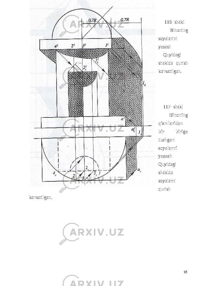  116- shakl Binoning soyalarini yasash Quyidagi shaklda qurish ko&#39;rsatilgan. 117- shakl Binoning qismlaridan bir biriga tushgan soyalarni yasash Quyidagi shaklda soyalami qurish ko&#39;rsatilgan. 18 