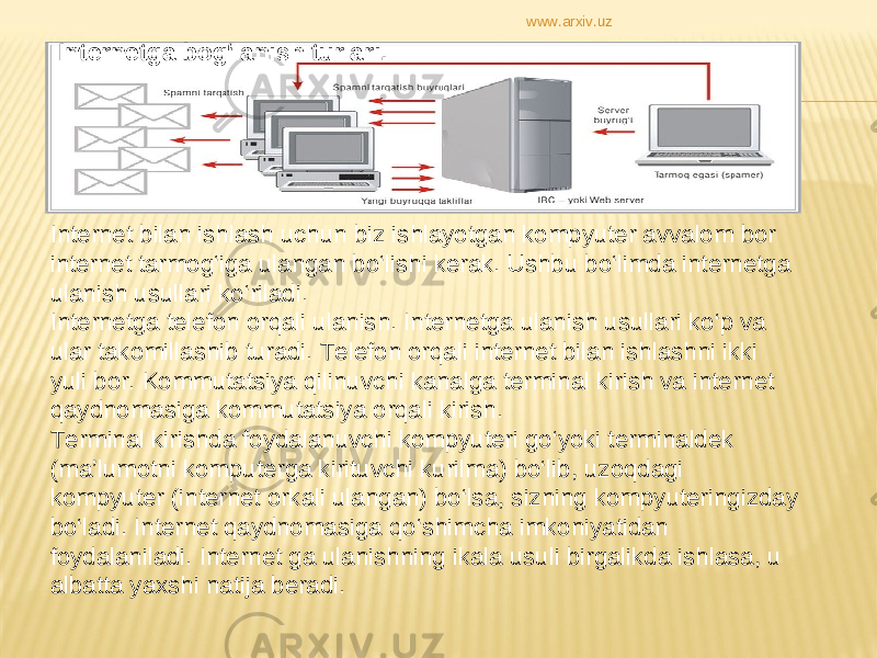 Internet bilan ishlash uchun biz ishlayotgan kompyuter avvalom bor internet tarmog‘iga ulangan bo‘lishi kerak. Ushbu bo‘limda internetga ulanish usullari ko‘riladi.  Internetga telefon orqali ulanish. Internetga ulanish usullari ko‘p va ular takomillashib turadi. Telefon orqali internet bilan ishlashni ikki yuli bor. Kommutatsiya qilinuvchi kanalga terminal kirish va internet qaydnomasiga kommutatsiya orqali kirish. Terminal kirishda foydalanuvchi kompyuteri go‘yoki terminaldek (ma’lumotni komputerga kirituvchi kurilma) bo‘lib, uzoqdagi kompyuter (internet orkali ulangan) bo‘lsa, sizning kompyuteringizday bo‘ladi. Internet qaydnomasiga qo‘shimcha imkoniyatidan foydalaniladi. Internet ga ulanishning ikala usuli birgalikda ishlasa, u albatta yaxshi natija beradi.  Internetga bog‘lanish turlari. www.arxiv.uz 