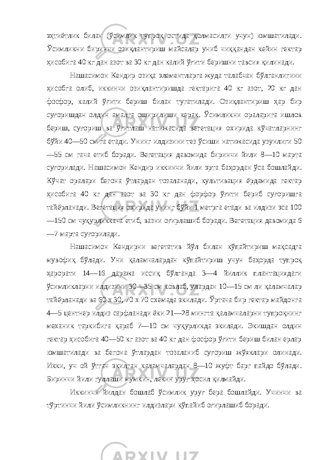 эҳтиётлик билан (ўсимлик тупроқ остида қолмасилги учун) юмшатилади. Ўсимликни биринчи озиқлантириш майсалар униб чиққандан кейин гектар ҳисобига 40 кг дан азот ва 30 кг дан калий ўғити беришни тавсия қилинади. Нашасимон Кендир озиқа элементларга жуда талабчан бўлганлигини ҳисобга олиб, иккинчи озиқлантиришда гектарига 40 кг азот, 20 кг дан фосфор, калий ўғити бериш билан тугатилади. Озиқлантириш ҳар бир суғоришдан олдин амалга оширилиши керак. Ўсимликни ораларига ишлов бериш, суғориш ва ўғитлаш натижасида вегетация охирида кўчатларнинг бўйи 40—50 см га етади. Унинг илдизини тез ўсиши натижасида узунлиги 50 —55 см гача етиб боради. Вегетация давомида биринчи йили 8—10 марта суғорилади. Нашасимон Кендир иккинчи йили эрта баҳордан ўса бошлайди. Кўчат оралари бегона ўтлардан тозаланади, культивация ёрдамида гектар ҳисобига 40 кг дан азот ва 30 кг дан форфор ўғити бериб суғоришга тайёрланади. Вегетация охирида унинг бўйи 1 метрга етади ва илдизи эса 100 —150 см чуқурликкача етиб, вазни оғирлашиб боради. Вегетация давомида 6 —7 марта суғорилади. Нашасимон Кендирни вегетатив йўл билан кўпайтириш мақсадга мувофиқ бўлади. Уни қаламчалардан кўпайтириш учун баҳорда тупроқ ҳарорати 14—16 даража иссиқ бўлганда 3—4 йиллик плантациядаги ўсимликларни илдизини 30—35 см ковлаб, улардан 10—15 см ли қаламчалар тайёрланади ва 60   x   30, 70   x   70 схемада экилади. Ўртача бир гектар майдонга 4—5 центнер илдиз сарфланади ёки 21—28 мингта қаламчаларни тупроқнинг механик таркибига қараб 7—10 см чуқурликда экилади. Экишдан олдин гектар ҳисобига 40—50 кг азот ва 40 кг дан фосфор ўғити бериш билан ерлар юмшатилади ва бегона ўтлардан тозаланиб суғориш жўяклари олинади. Икки, уч ой ўтгач экилган каламчалардан 8—10 жуфт барг пайдо бўлади. Биринчи йили гуллаши мумкин, лекин уруғ ҳосил қилмайди. Иккинчи йилдан бошлаб ўсимлик уруғ бера бошлайди. Учинчи ва тўртинчи йили ўсимликнинг илдизлари кўпайиб оғирлашиб боради. 