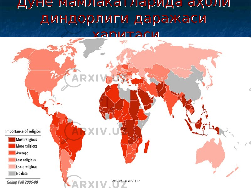 Дунё мамлакатларида аҳоли Дунё мамлакатларида аҳоли диндорлиги даражаси диндорлиги даражаси харитасихаритаси www.arxiv.uzwww.arxiv.uz 