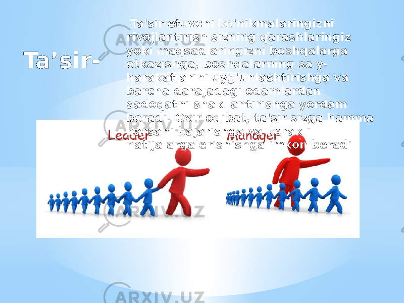 Ta’sir-   Ta&#39;sir etuvchi ko&#39;nikmalaringizni rivojlantirish sizning qarashlaringiz yoki maqsadlaringizni boshqalarga etkazishga, boshqalarning sa&#39;y- harakatlarini uyg&#39;unlashtirishga va barcha darajadagi odamlardan sadoqatni shakllantirishga yordam beradi. Oxir oqibat, ta&#39;sir sizga hamma narsani bajarishga va kerakli natijalarga erishishga imkon beradi 