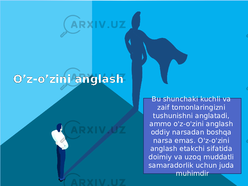 O’z-o’zini anglash Bu shunchaki kuchli va zaif tomonlaringizni tushunishni anglatadi, ammo o&#39;z-o&#39;zini anglash oddiy narsadan boshqa narsa emas. O&#39;z-o&#39;zini anglash etakchi sifatida doimiy va uzoq muddatli samaradorlik uchun juda muhimdir 