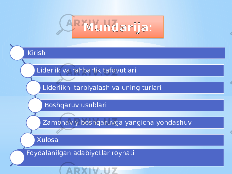 Kirish Liderlik va rahbarlik tafovutlari Liderlikni tarbiyalash va uning turlari Boshqaruv usublari Zamonaviy boshqaruvga yangicha yondashuv Xulosa Foydalanilgan adabiyotlar royhati Mundarija : 2C 1D06 