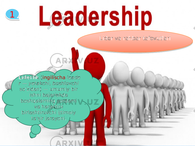 1 Lider va rahbar tafovutlari Liderlik  ( ingilischa   leade r  —  yetakchi ,  boshlovchi   soʻzidan) — umumiy bir ishni bajarishda boshqalarning yordami va haraktini birlashtiruvchi ijtimoiy taʼsir jarayoni. [2D 07 