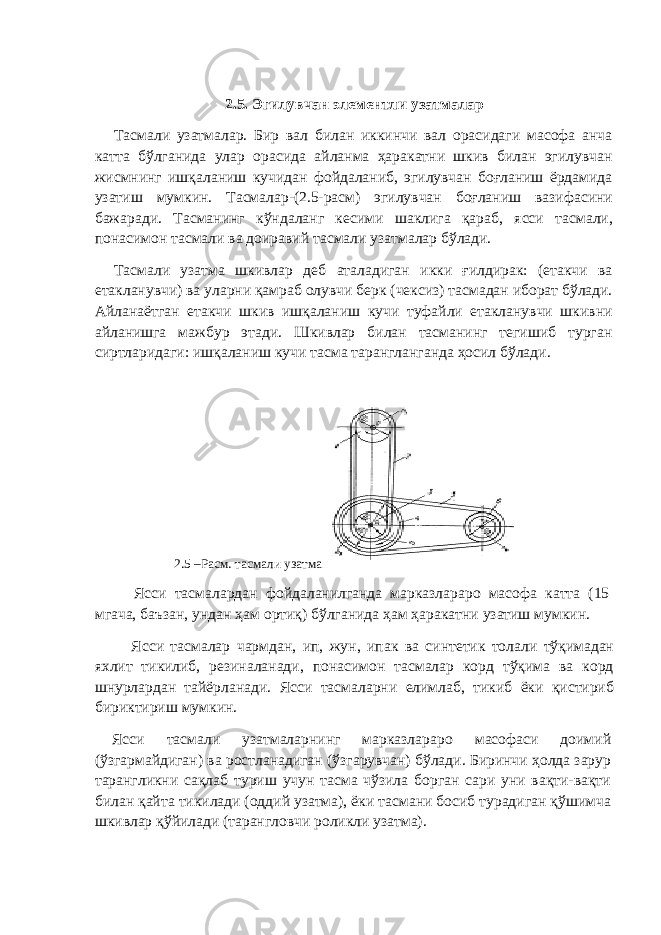 2.5. Эгилувчан элементли узатмалар Тасмали узатмалар. Бир вал билан иккинчи вал орасидаги масофа анча катта бўлганида улар орасида айланма ҳаракатни шкив билан эгилувчан жи c мнинг ишқаланиш кучидан фойдаланиб, эгилувчан боғланиш ёрдамида узатиш мумкин. Тасмалар-(2.5-ра c м) эгилувчан боғланиш вазифасини бажаради. Тасманинг кўндаланг кесими шаклига қараб, ясси тасмали, понасимон тасмали ва доиравий тасмали узатмалар бўлади. Тасмали узатма шкивлар деб аталадиган икки ғилдирак: (етакчи ва етакланувчи) ва уларни қамраб олувчи берк (чексиз) тасмадан иборат бўлади. Айланаётган етакчи шкив ишқаланиш кучи туфайли етакланувчи шкивни айланишга мажбур этади. Шкивлар билан тасманинг тегишиб турган сиртларидаги: ишқаланиш кучи тасма тарангланганда ҳосил бўлади. 2.5 –Расм. тасмали узатма Ясси тасмалардан фойдаланилганда марказлараро масофа катта (15 мгача, баъзан, ундан ҳам ортиқ) бўлганида ҳам ҳаракатни узатиш мумкин. Ясси тасмалар чармдан, ип, жун, ипак ва синтетик толали тўқимадан яхлит тикилиб, резиналанади, понасимон тасмалар корд тўқима ва корд шнурлардан тайёрланади. Ясси тасмаларни елимлаб, тикиб ёки қистириб бириктириш мумкин. Ясси тасмали узатмаларнинг марказлараро масофаси доимий (ўзгармайдиган) ва ростланадиган (ўзгарувчан) бўлади. Биринчи ҳолда зарур тарангликни сақлаб туриш учун тасма чўзила борган сари уни вақти-вақти билан қайта тикилади (оддий узатма), ёки тасмани босиб турадиган қўшимча шкивлар қўйилади (тарангловчи роликли узатма). 