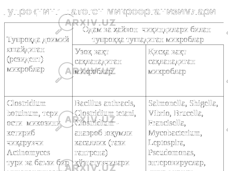 Тупроқнинг патоген микроорганизимлари Тупроқда доимий яшайдиган (резидент) микроблар Одам ва ҳайвон чиқиндилари билан тупроққа тушадиган микроблар Узоқ вақт сақланадиган микроблар Қисқа вақт сақланадиган микроблар Clostridium botuinum, тери ости микозини кетириб чиқарувчи Actinomyces тури ва баъзи бир микотоксикозлар Bacillus anthracis, Clostridium tetani, Clostridium - анаэроб юқумли касаллик (гази гангрена) қўзғатувчилари Salmonella, Shigella, Vibrio, Brucella, Francisella, Mycobacterium, Leptospira, Pseudomonas, энтеровируслар, яшур вируси 