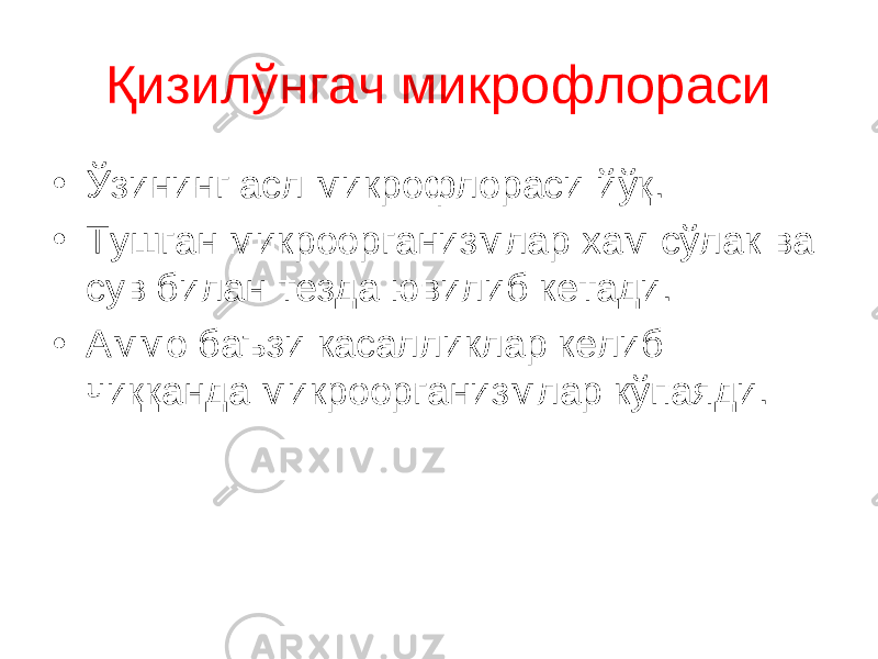 Қизилўнгач микрофлораси • Ўзининг асл микрофлораси йўқ. • Тушган микроорганизмлар хам сўлак ва сув билан тезда ювилиб кетади. • Аммо баъзи касалликлар келиб чиққанда микроорганизмлар кўпаяди. 