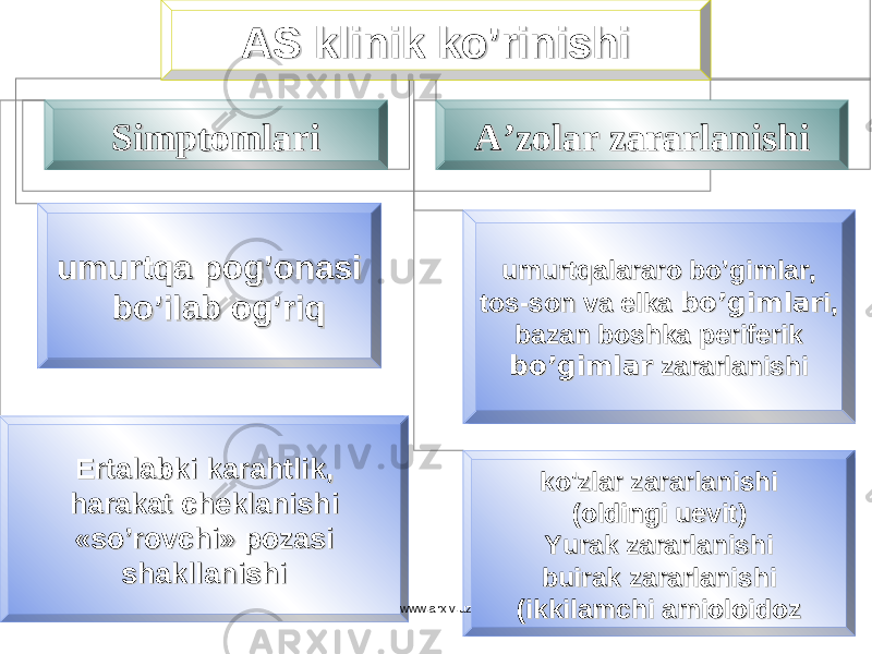 AS klinik kAS klinik k o’o’ rinishirinishi SimptomlariSimptomlari AA ’’ zolar zararlanishizolar zararlanishi umurtumurt qq a poa po g’g’ onasionasi bb o’o’ ilab oilab o g’g’ riri qq EE rtalabki krtalabki k arahtlik, arahtlik, hh arakat cheklanishiarakat cheklanishi «s«s o’o’ rovchi» pozasi rovchi» pozasi shakllanishishakllanishi umurtumurt qq alararo balararo b o’go’g imlar,imlar, tos-son va elka tos-son va elka bb o’go’g imlarimlar i, i, bazan boshka periferikbazan boshka periferik bb o’go’g imlarimlar zararlanishi zararlanishi kk o&#39;o&#39; zlar zararlanishizlar zararlanishi (oldingi uevit)(oldingi uevit) YuYu rak zararlanishirak zararlanishi buirak zararlanishibuirak zararlanishi (ikkilamchi amioloidoz(ikkilamchi amioloidozwww.arxiv.uz 