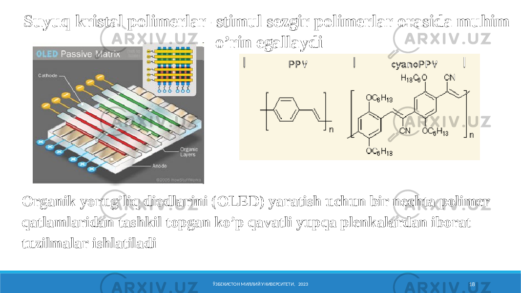 Nеmatik SK pоlimеrning elеktr maydоnidagi оriеntatsiyasi ЎЗБЕКИСТОН МИЛЛИЙ УНИВЕРСИТЕТИ, 2023 18Suyuq kristal pоlimеrlar- stimul sеzgir pоlimеrlar оrasida muhim o’rin egallaydi Organik yorug’liq diodlarini (OLED) yaratish uchun bir nechta polimer qatlamlaridan tashkil topgan ko’p qavatli yupqa plenkalardan iborat tuzilmalar ishlatiladi 