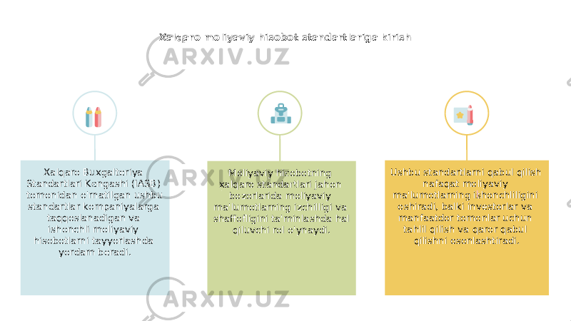 Xalqaro moliyaviy hisobot standartlariga kirish Moliyaviy hisobotning xalqaro standartlari jahon bozorlarida moliyaviy ma&#39;lumotlarning izchilligi va shaffofligini ta&#39;minlashda hal qiluvchi rol o&#39;ynaydi.Xalqaro Buxgalteriya Standartlari Kengashi (IASB) tomonidan o&#39;rnatilgan ushbu standartlar kompaniyalarga taqqoslanadigan va ishonchli moliyaviy hisobotlarni tayyorlashda yordam beradi. Ushbu standartlarni qabul qilish nafaqat moliyaviy ma&#39;lumotlarning ishonchliligini oshiradi, balki investorlar va manfaatdor tomonlar uchun tahlil qilish va qaror qabul qilishni osonlashtiradi. 